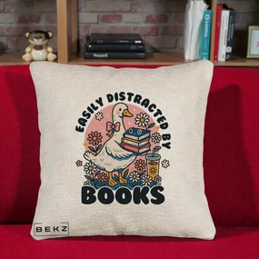 Perna Personalizata Easily Distracted by Books, 40x40 cm, Bej Canapea, Husa Detasabila, Perna Inclusa, BEKZ®