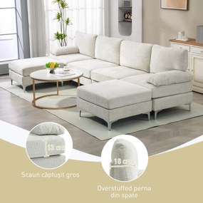 HOMCOM Canapea Modulară de 4 Locuri cu 2 Fotolii pentru Picioare, Perne pentru Brațe și Spătar, 313x149x88 cm, Crem Alb | Aosom Romania