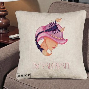 Perna Personalizata Zodiac Scorpion Cowgirl, 40x40 cm, Bej Canapea, Husa Detasabila, Perna Inclusa, BEKZ®