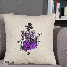 Perna Decorativa Schelet Vrajitor cu Dovleac Violet Halloween, 40x40 cm, Bej Canapea, Husa Detasabila, Perna Inclusa, BEKZ®