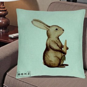 Perna Decorativa Iepuras Acuarela cu Morcov, 40x40 cm, Verde Menta, Husa Detasabila, Perna Inclusa, BEKZ®