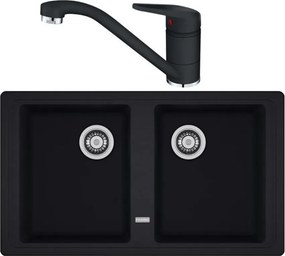 Set chiuveta bucatarie compozit Franke Basis 2 cuve fara picurator 86x50 cm finisaj negru mat cu baterie Novara Plus