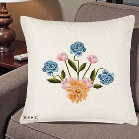 Perna Decorativa Buchet Primavara Acuarela, 40x40 cm, Crem Reliefat, Husa Detasabila, Perna Inclusa, BEKZ®