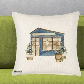 Perna Decorativa Casa de Iarna Watercolor, 40x40 cm, Crem Reliefat, Husa Detasabila, Perna Inclusa, BEKZ®