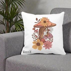 Perna Decorativa Fata Ciuperca Florala Boho, 40x40 cm, Alba Mata, Husa Detasabila, Perna Inclusa, BEKZ®