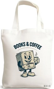 Sacosa de Panza pentru Cumparaturi, Geanta Tote, model Books & Coffee 38 x 34.5 cm, Alba, BEKZ®