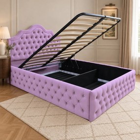 Pat tapițat Chesterfield din catifea Imperio Deluxe 160×200 cm, lila, cu ladă de depozitare