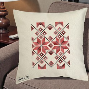 Perna Personalizata Motiv Traditional Cusatura Rosu-Negru, 40x40 cm, Ecru, Husa Detasabila, Perna Inclusa, BEKZ®