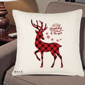 Perna Decorativa Ren Buffalo Plaid Craciun, 40x40 cm, Crem Reliefat, Husa Detasabila, Perna Inclusa, BEKZ®