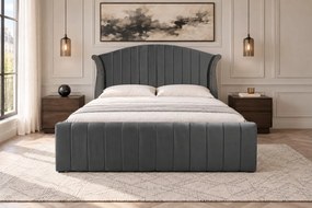Pat tapițat din catifea Velluto Line 140×200 cm, gri închis, cu ladă de depozitare