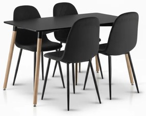 Set de dining 1 + 4, masa neagra ADRIA 120x80 cm + scaun de catifea neagra ASTI cu picioare negre