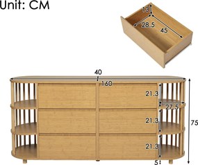 Comodă Sideboard, 6 sertare &amp; rafturi deschise, design în stil roman cu coloane &amp; rafturi din bambus, 160x40x75 cm, Culoare naturală