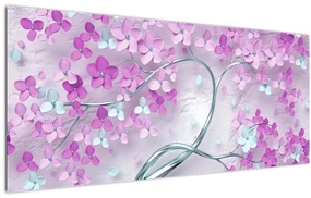 Tablouri cu flori pe trunchi argintiu - abstract (120x50 cm)