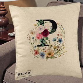 Cadou Personalizat - Perna Personalizata Monogram Litera P cu Flori Acuarela, 40x40 cm, Bej, Husa Detasabila, Perna Inclusa, BEKZ®