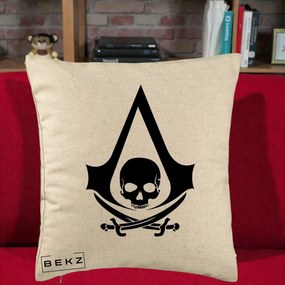 Perna Personalizata Assassin's Creed Black Flag Skull, 40x40 cm, Bej, Husa Detasabila, Perna Inclusa, BEKZ®