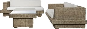 Set lounge exterior din fibre naturale împletite și structura din lemn de tec cu 2 canapele, măsuță de cafea și perne, „Borneo”