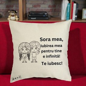 Cadou pentru Sora - Perna Personalizata Sora Mea Te Iubesc Copii Anime Line Art, 40x40 cm, Ecru, Husa Detasabila, Perna Inclusa, BEKZ®