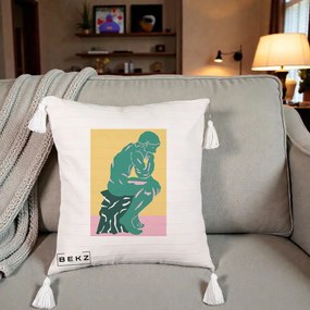Perna Decorativa Ganditorul Sculptura Pop Art, 40x40 cm, Bej cu Franjuri, Husa Detasabila, Perna Inclusa, BEKZ®