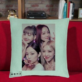 Perna Personalizata K-pop BLACKPINK Foto Grup Selfie Roz cu Glitter, 40x40 cm, Verde Menta, Husa Detasabila, Perna Inclusa, BEKZ®