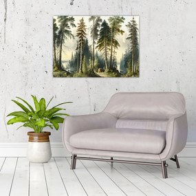 Tablou pe sticlă - Peisaj de epocă de păduri (70x50 cm)
