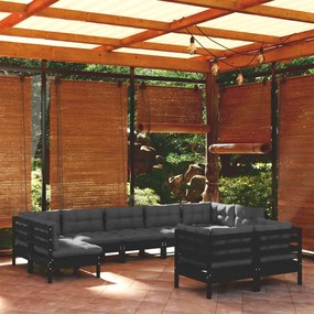 3097251 vidaXL Set mobilier grădină cu perne, 9 piese, negru, lemn masiv pin