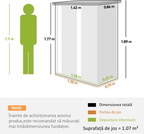 Outsunny Căsuță de Grădină 1.07m² din Oțel Zincat, Depozit pentru Unelte cu Ușă Blocabilă, Acoperiș Înclinat, 142x86x189 cm, Maro | Aosom Romania