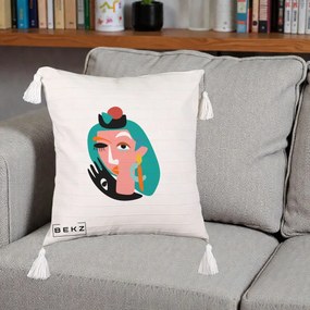 Perna Decorativa Portret Abstract Matisse Turcoaz, 40x40 cm, Bej cu Franjuri, Husa Detasabila, Perna Inclusa, BEKZ®