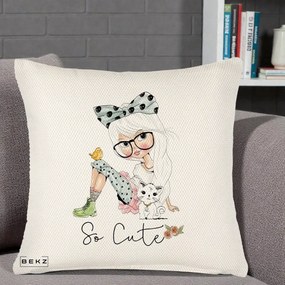 Perna Decorativa So Cute Fata Fashion, 40x40 cm, Crem Reliefat, Husa Detasabila, Perna Inclusa, BEKZ®