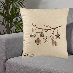 Perna Decorativa Ornamente de Lemn pe Ramura, 40x40 cm, Bej, Husa Detasabila, Perna Inclusa, BEKZ®