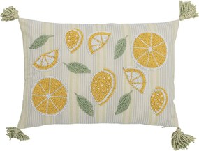 Pernă decorativă din bumbac galben cu felii de lămâie brodate și mărgele, 50×35 cm, „Lemon"