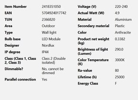 Aplica LED de exterior ambientala stil nordic IP44 Milda antracit