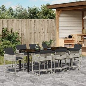 vidaXL Set de dining pentru grădină, 9 piese, marca , cu perne în gri deschis, din rattan poli
