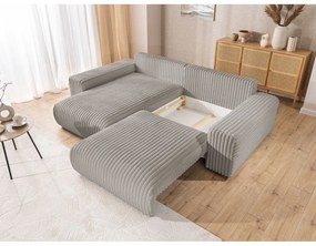 Colțar gri deschis extensibil, cu spațiu de depozitare, cu tapițerie din catifea reiată (cu colț pe partea stângă) Sarina – Ropez