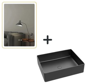 Set lavoar baie negru mat cu ventil inclus plus oglinda cu iluminare LED si dezaburire