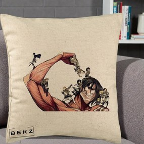 Perna Personalizata Attack on Titan Eren Titan Grup, 40x40 cm, Bej, Husa Detasabila, Perna Inclusa, BEKZ®