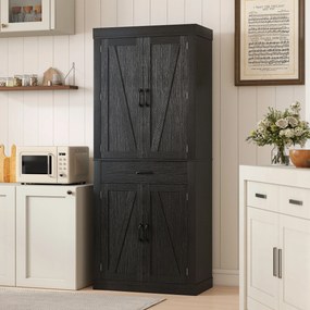 HOMCOM Dulap cămară de bucătărie în stil country, cu 2 dulapuri, 6 rafturi și sertar, din lemn, 76 x 39,5 x 183,5 cm, negru | Aosom Romania