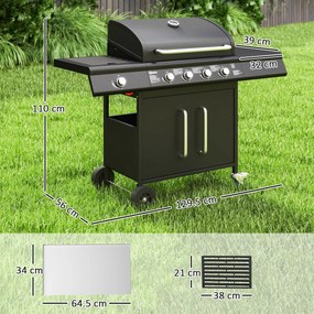 Outsunny Grătar pe Gaz cu Dulăpior, Capac, Măsuță Laterală și Tavă de Colectare a Grăsimii, 129,5x56x110 cm, Negru | Aosom Romania