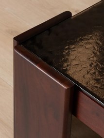 Măsuță de cafea din lemn de acacia, cu blat din sticlă securizată, maro antichizat, finisaj satinat, 80×50.5×35 cm, „Templo"