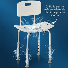 HOMCOM Scaun de Duș Antiderapant cu Spătar și Înălțime Reglabilă pe 8 Poziții, 50,6x43x71-88 cm, Alb | Aosom Romania