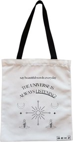 Sacosa de Panza pentru Cumparaturi, Geanta Tote, model The Universe Listens, Cu fermoar, 38x34.5 cm, Alba, BEKZ®