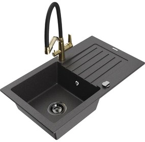 Mexen Pablo chiuvetă de granit cu un compartiment, cu picurător și baterie de bucătărie Duo, Negru cu picățele - 6510-76-671701-