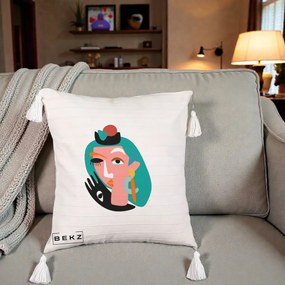 Perna Decorativa Portret Abstract Matisse Turcoaz, 40x40 cm, Bej cu Franjuri, Husa Detasabila, Perna Inclusa, BEKZ®