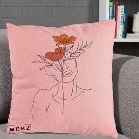 Perna Decorativa Portret Feminin Doua Flori, 40x40 cm, Roz, Husa Detasabila, Perna Inclusa, BEKZ®