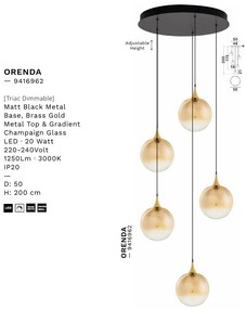 Lustra moderna cu 5 pendule LED, Metal, Sticla, Champaign, ORENDA