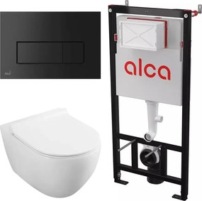 Set rezervor WC cu cadru incastrat Alca AM101/1120 si clapeta M578 negru mat plus vas WC Fluminia Minerva cu capac softclose alb