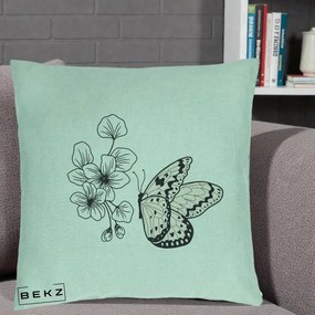 Perna Decorativa Fluture si Flori Linie Monocroma, 40x40 cm, Verde Menta, Husa Detasabila, Perna Inclusa, BEKZ®
