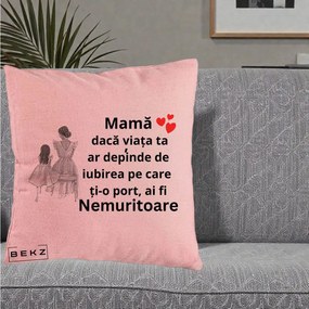 Cadou pentru Mama - Perna Personalizata Mama Nemuritoare Line Art, 40x40 cm, Roz, Husa Detasabila, Perna Inclusa, BEKZ®