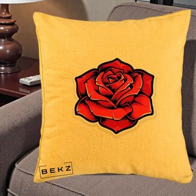 Perna Decorativa Trandafir Rosu Tattoo, 40x40 cm, Galben, Husa Detasabila, Perna Inclusa, BEKZ®