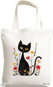 Sacosa de Panza pentru Cumparaturi, Geanta Tote, model Cat and Flowers 4, 38 x 34.5 cm, Alba, BEKZ®