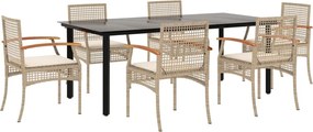 vidaXL Set de masă pentru grădină, 7 piese, cu perne, bej, poliratan